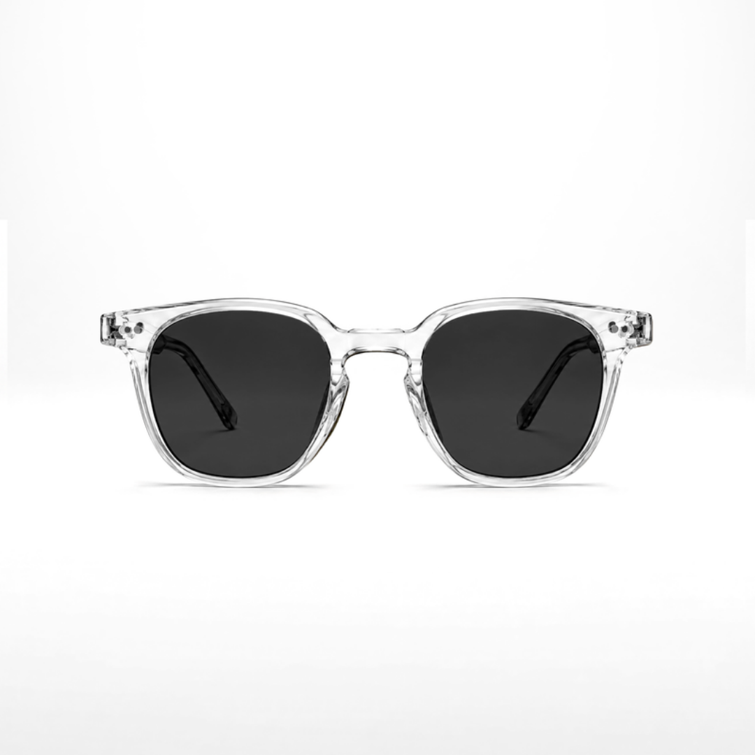 Auguste Crystal Sonnenbrille – dunkelgraue Gläser, transparenter Crystal-Rahmen, Vorderansicht
