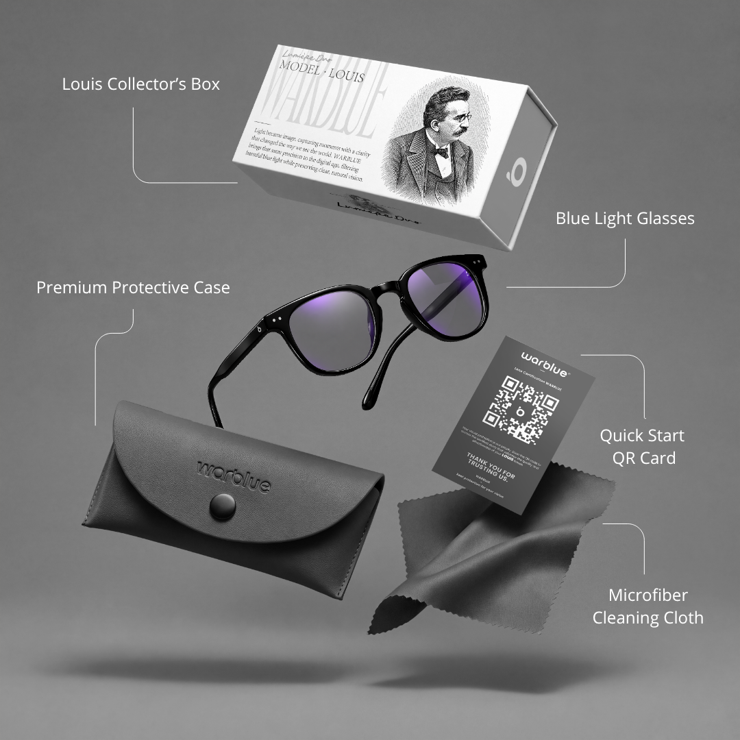 Louis Sammlerbox mit Schutzetui, QR-Karte und Mikrofasertuch – schwarzes Gestell