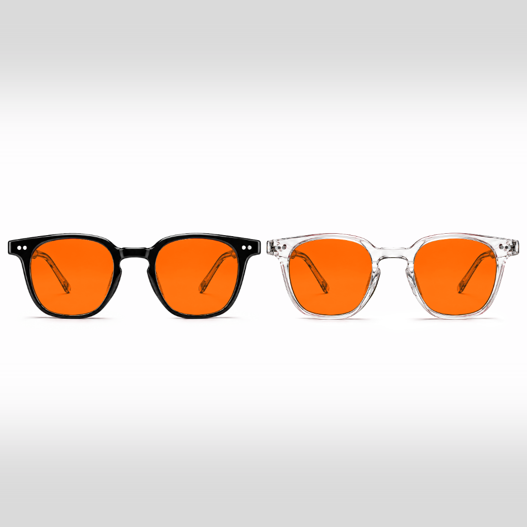 Newton Duo – Blaulichtfilterbrillen mit orangefarbenen Gläsern in schwarzem und transparentem Crystal-Rahmen