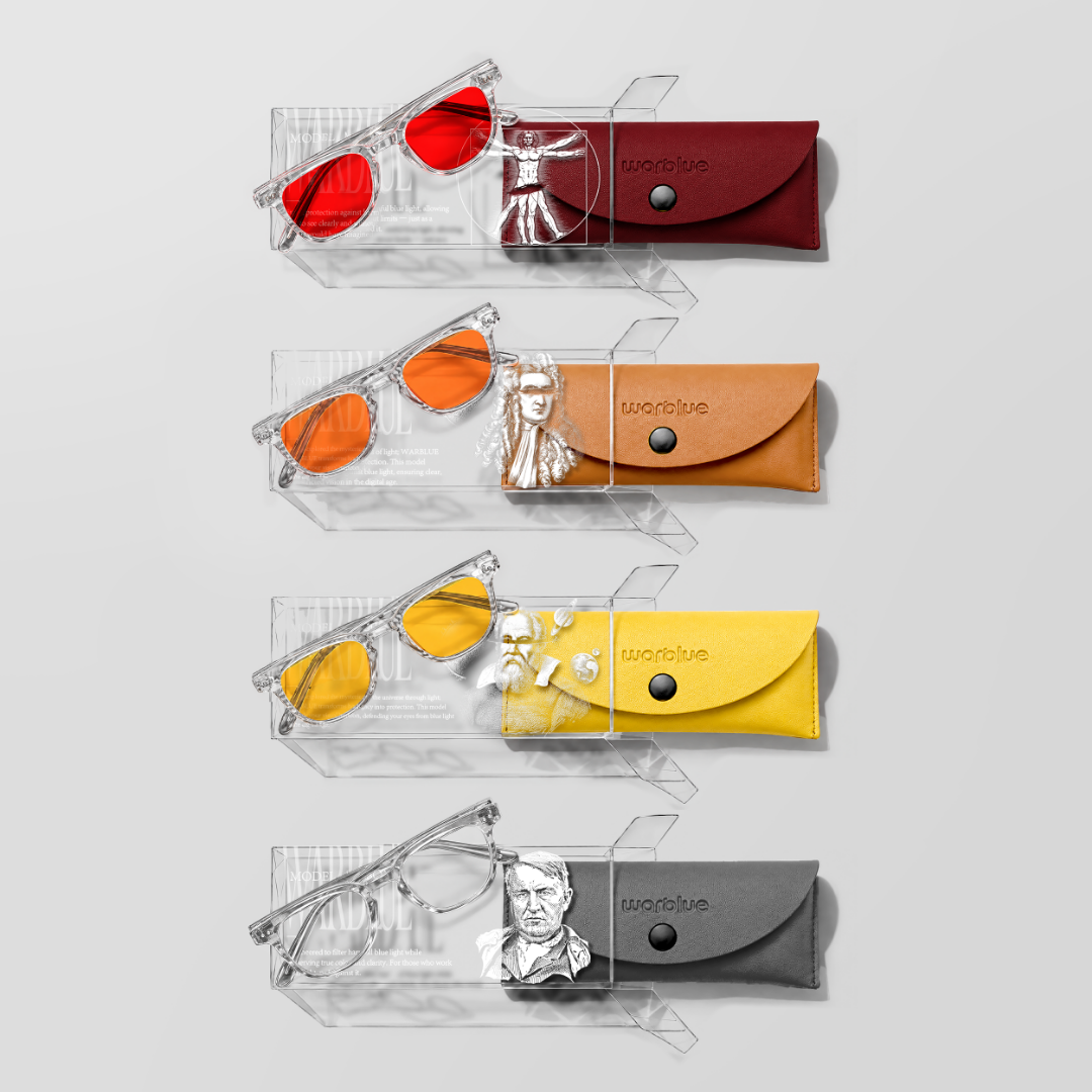 WARBLUE Komplett-Set Crystal – Da Vinci, Newton, Galileo und Edison Brillen mit Crystal-Rahmen und Sammlerboxen