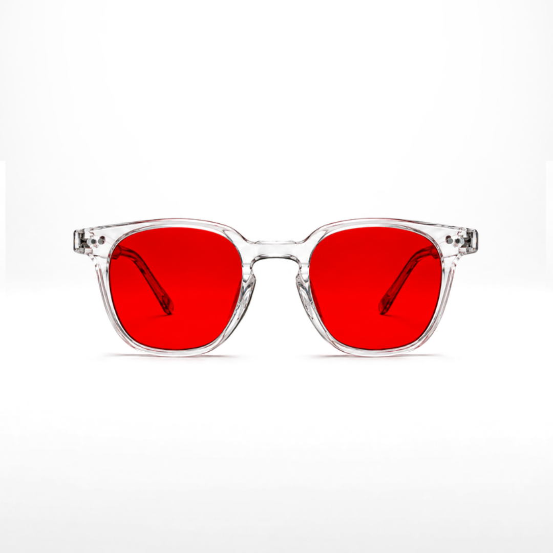 Da Vinci Crystal Brille – rote Gläser, transparentes Crystal-Gestell, Frontansicht